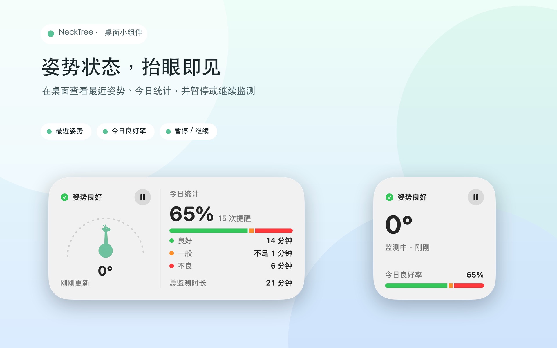 NeckTree 桌面小组件：中号与小号并排，展示最近姿势、今日良好率与暂停 / 继续按钮